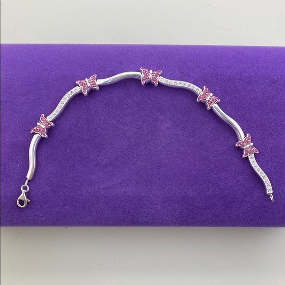 💛 Classic Sterling Silver White & Pink Crystal Butterfly Bracelet - Picture 8 of 11